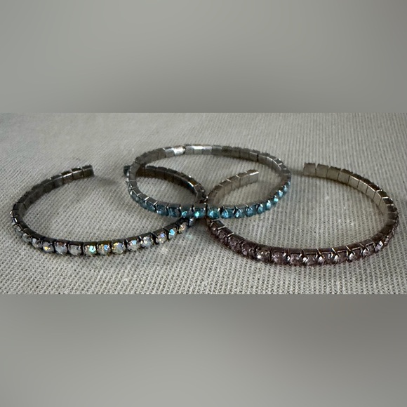 Jewelry - Three Crystal-Embellished Stretch Bangle Bracelet - Blue, Gray, Brown